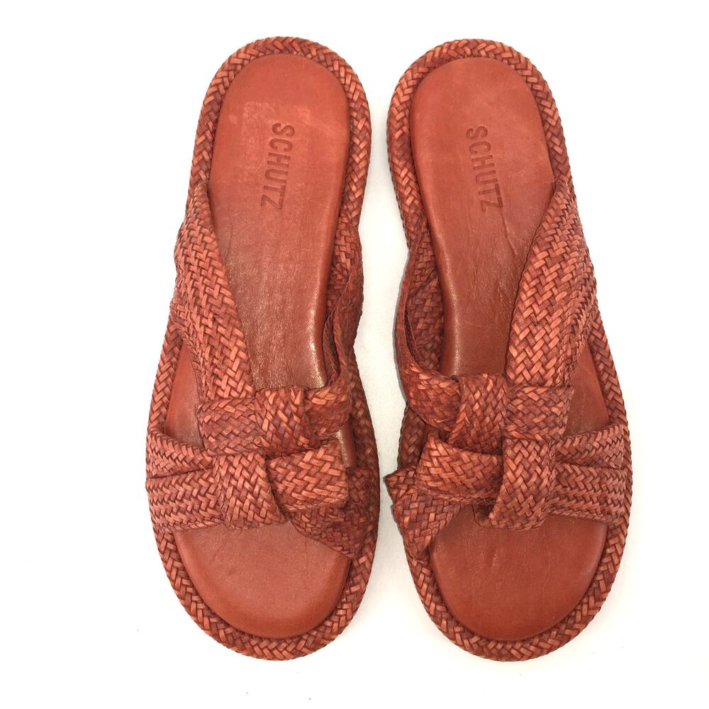 Schutz Kali Flat Sandals Womens 11 Sunset Ochre Orange Woven Braided Straps NWT